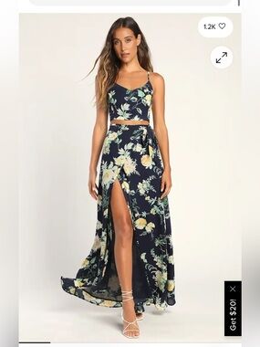 Like New - Lulu’s Bloom with a View Navy and Yellow Floral Set Dress Sz S